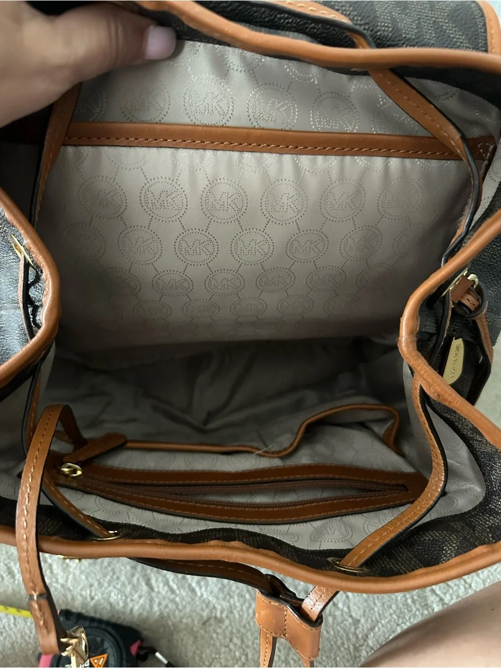 Michael Kors Dark Brown Monogram Backpack with Tan Trim